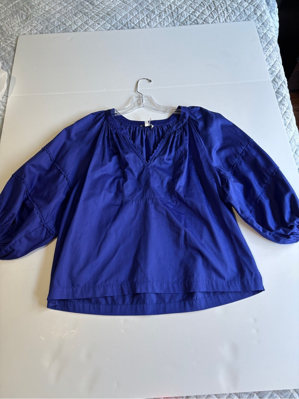 Tyler Boe Royal Blue Cotton Peasant Blouse Balloon Sleeve Scalloped Trim - Large